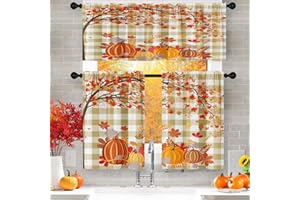 Culudea Fall Pumpkins Maple Leaves Kitchen Curtains Autumn Orange Buffalo Grid Window Curtains Valance and Tier Set 36 Inch Rod Pocket Short Tier Curtain for Room, Cafe Kitchen Decor