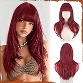 SOFEIYAN Long Straight Layered Wine Red Wig with Bangs 24 Inch Synthetic Natural Hair Burgundy Wig Soft Heat Resistant Long Wigs for Women Daily Party Use