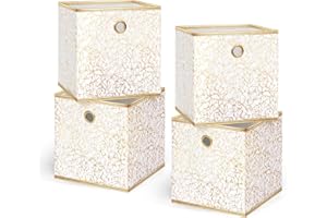 DAMAHOME Collapsible Storage Cube Bins, Foldable 11 Inch Cube Storage Bins with Grommet Handle, 4-Pack Fabric Storage Cubes for Shelves, Closet, Nursery, Toys, White Gold