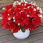 MOIAVAN 12 Bunches Poinsettias Artificial Christmas Flowers for Outdoors,14'' Fake Red Poinsettias Faux Eucalyptus Plants UV Resistant for Home Planters Garden Porch Christmas Winter Spring Décor