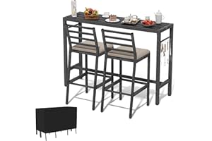 SUNNIBETY 3Pcs Outdoor Patio Bar Set, 55" Rectangular Pub Height High Top Bar Table with 2 Cushioned Bar Stools & Cover, Metal Bar Table and Chairs Set for Outside, Patio, Balcony, Backyard, Porch, Deck