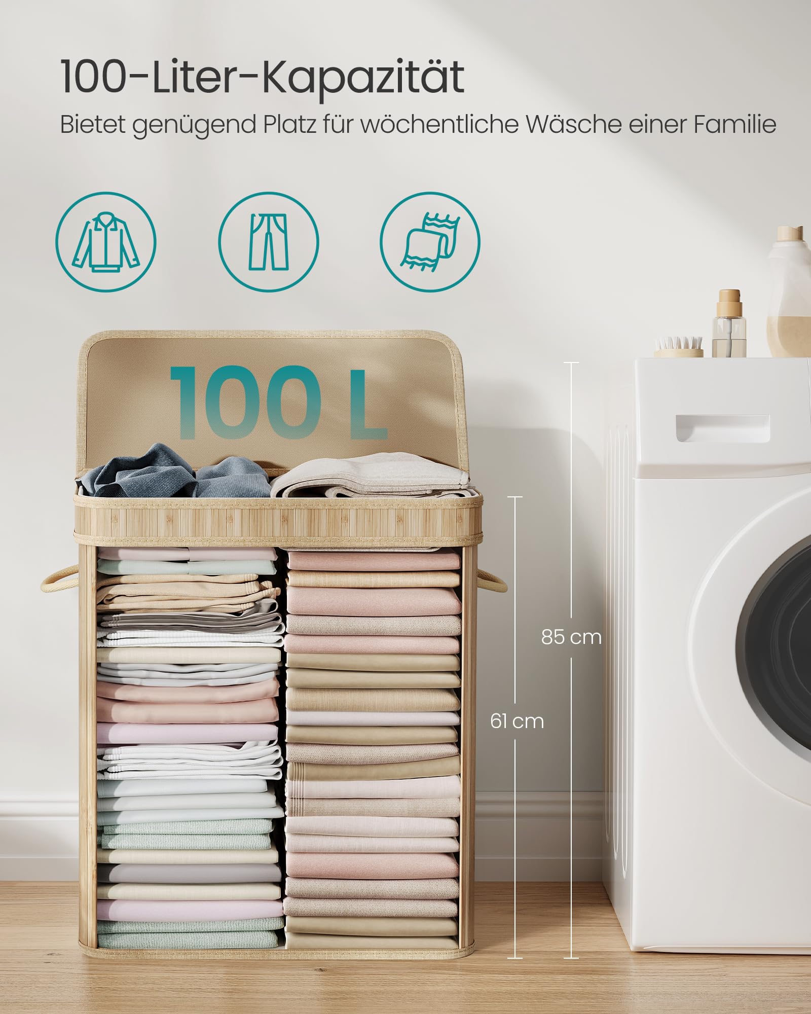 SONGMICS Wäschekorb mit Deckel, Wäschesammler Bambus, Wäschesack herausnehmbar und maschinenwaschbar, mit Griffen, 100 Liter, für Waschküche, Schlafzimmer, Wohnzimmer, naturbeige LCB063N01 4