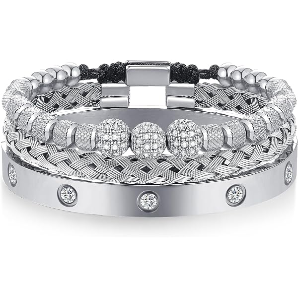 Men's Stainless Steel Crown Charm Bracelet Set - Adjustable Open Cuff, Zircon Gemstone, Luxury Jewelry Gift