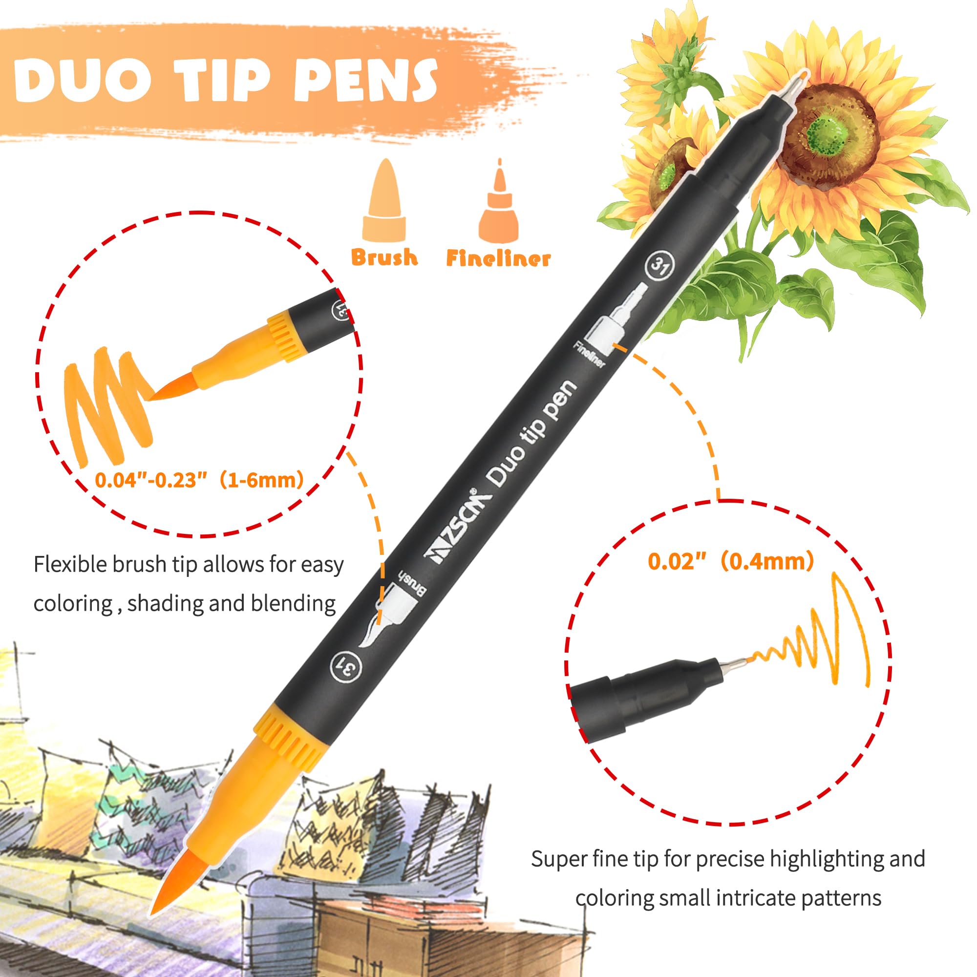 ZSCM 32 Colors Duo Tip Brush Markers Art Pen Set, Artist Fine and Brush Tip Colored Pens, for Adult Coloring Books Christmas Cards Drawing, Note taking Lettering Calligraphy Journaling