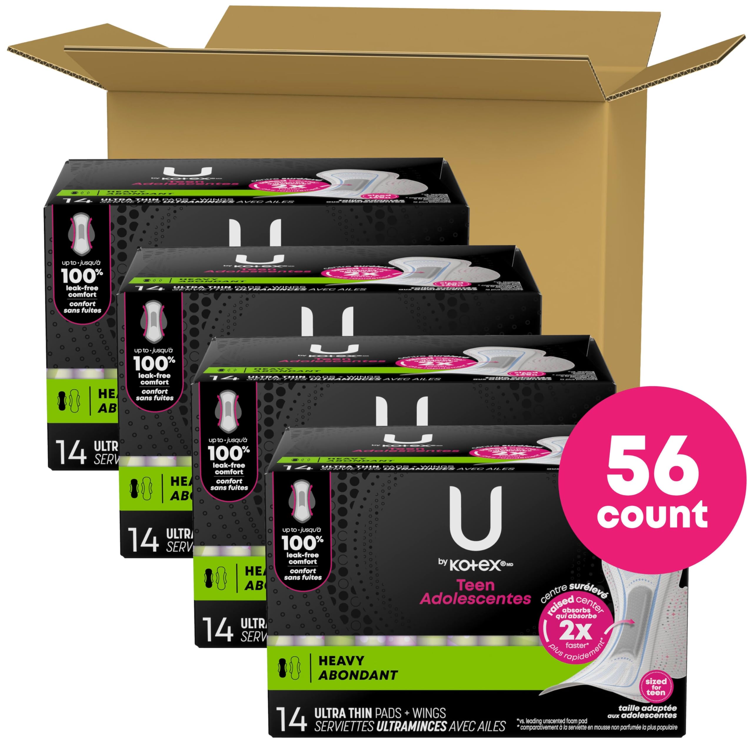 U by Kotex Balance Teen Ultra Thin Pads with Wings, Heavy Absorbency, 56 Count (4 Packs of 14) (Packaging May Vary)