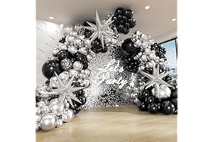 FOTIOMRG Black and Silver Balloons Garland Arch Kit with 3pcs Star Balloon, Metallic Sliver and Black Balloons for Birthday Graduation Baby Shower Disco New Years Party Decorations