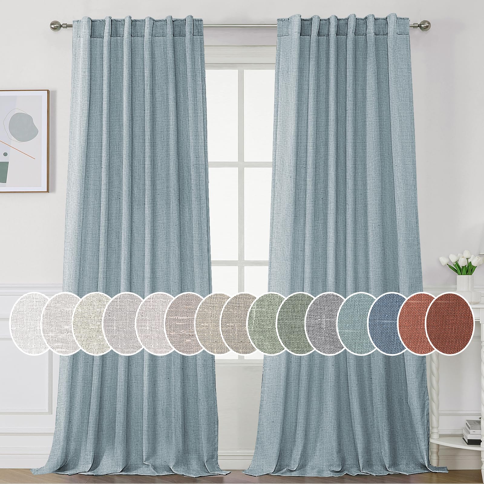 Photo 1 of H.VERSAILTEX Natural Linen Curtains 108 inches Long for Living Room 2 Panels Back Tab Loop Pocket Textured Light Filtering Semi Sheer Curtains Rustic Farmhouse Boho Curtain for Bedroom, Stone Blue