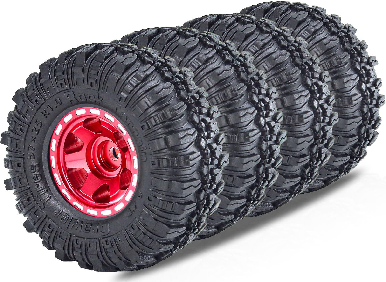 RcThjia 1.0 Beadlock Wheels and Tires Set 57 x 24 mm 1.0 inch Rubber Rock Crawler Tires & Alloy Blade Wheels for 1/18 1/24 Axial SCX24 TRX4M Gladiator Bronco C10 JLU Deadbolt RC Crawler Upgrade (Red)