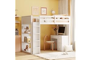 Merax High Loft Bed, Twin Bed Frame with Ladder, Shelves and Desk, No Box Spring Needed, White