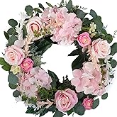 Bibelot Artificial Pink Rose Wreath - 20 Inch Front Door Wreath with Hydrangea Leaves for Spring, Valentine's, Mother's Day, Wedding & Home Decor