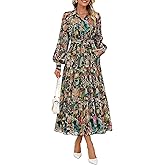 ZESICA Women's Spring Floral Long Sleeve Maxi Dresses 2026 Casual Button Belted Chiffon Boho Wedding Guest Party Dress