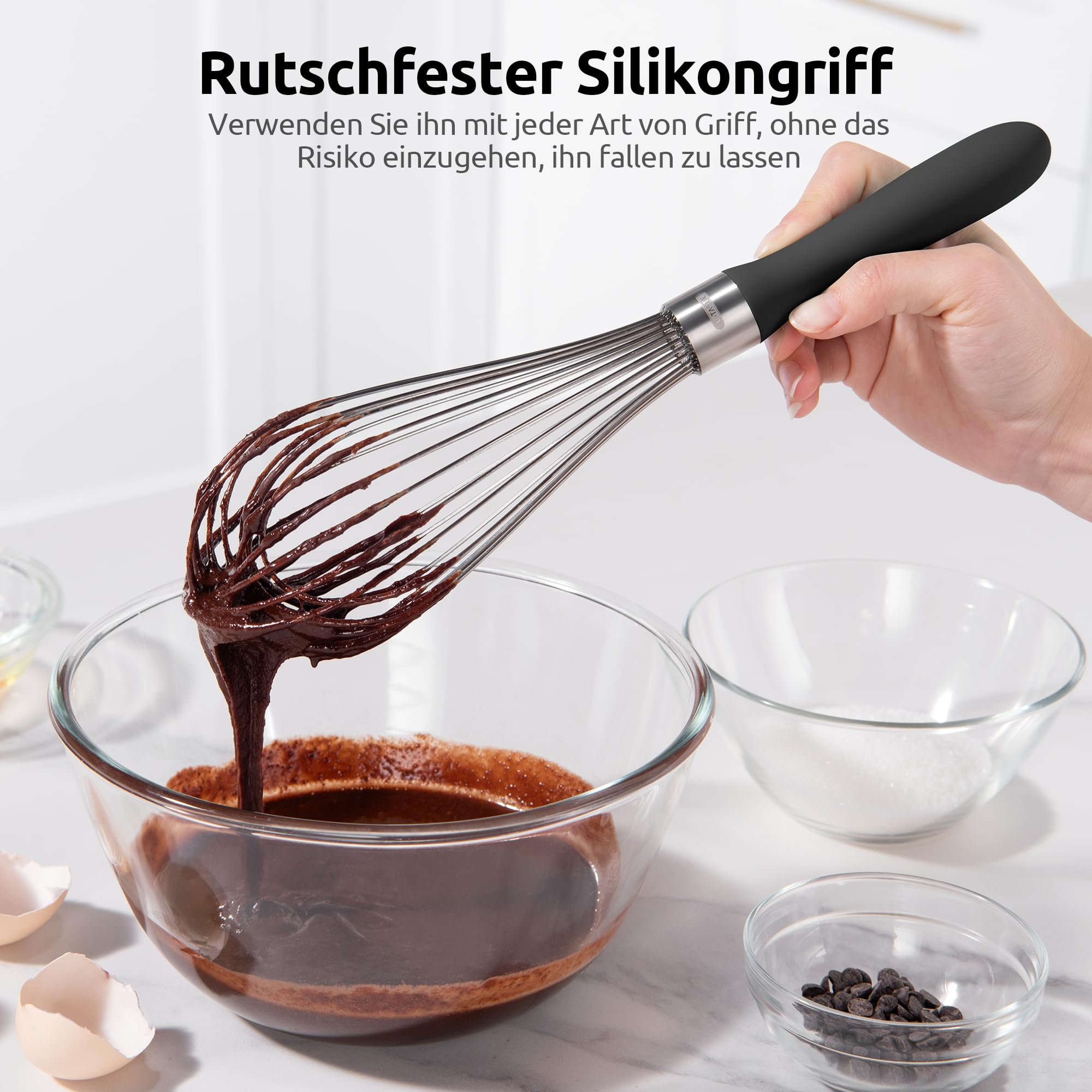 U-Taste Küchen-Schneebesen: 30 cm großer Ballonschneebesen aus Edelstahl 18/10 mit 12 hochflexiblen Drähten und Silikongriff zum Schlagen Vermengen und Verrühren von Teig und Soßen (Schwarz) 8