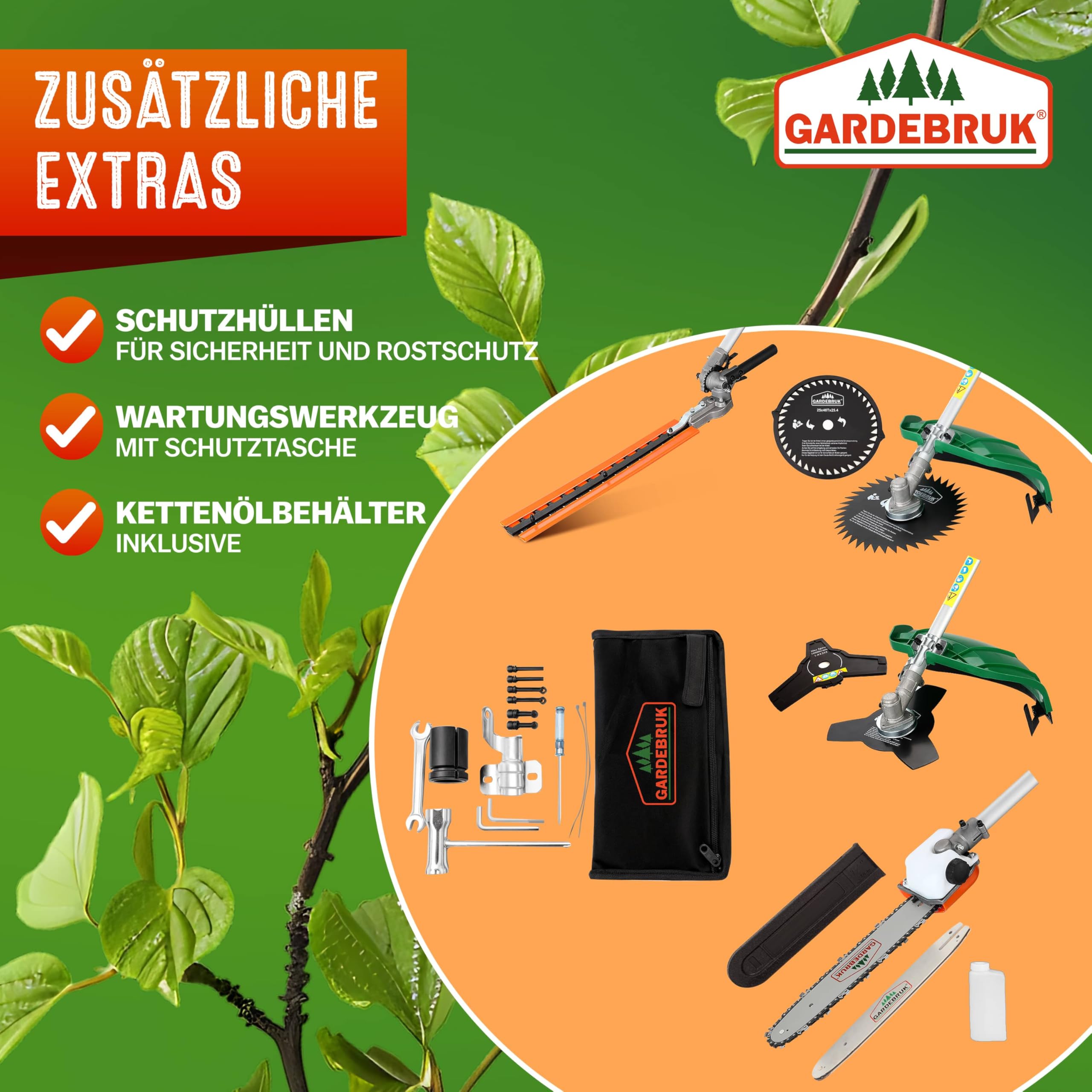 GARDEBRUK® Benzin Motorsense Freischneider 5 in 1 Heckenschere Rasentrimmer Hochentaster 2 PS Tragegurt verstellbar 1m Verlängerung 7