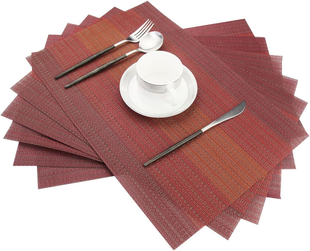 Bright DreamPlacemats Washable Easy to Clean PVC Placemat for Kitchen Table Heat-resistand Cross Weave Vinyl Round Table Mats 12x18 inches Set of 6 （Red）