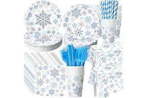 Funnymoom 452 Pcs Winter Snowflake Party Supplies for 50 Guests, Silver and Blue Snowflake Paper Plates and Napkins Cups Tablecloth Cutlery Straws for Winter Baby Shower Wonderland Party Decoration