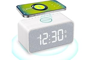 ANJANK Wooden Alarm Clock Radio with Bluetooth Speaker, Wireless Charging Station for iPhone/Samsung, Dual Alarms, Auto-sync Time, 0-100% Dimmer, Digital Clock for Bedrooms Bedside Desk