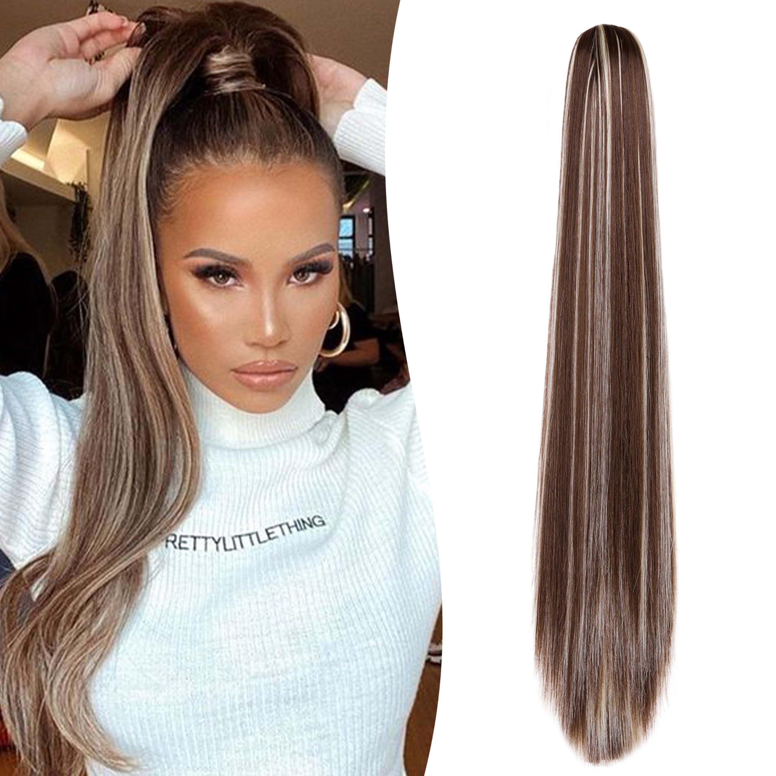 Gairyan Clip in Ponytail Hair Extensions 24 inch Ponytail Extension Long Straight Pony Tails Claw on Ponytail Synthetic Hairpieces for Women Soft Natural Look (Chestnut Brown & Bleach Blonde)