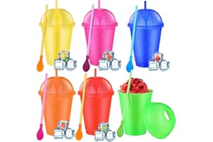 Ninehaoou 6 Set Slushie Cups with Dome Lids and Straws Detachable Spoon Straws Reusable Plastic Iced Coffee Cups Smoothie Tumbler for Birthdays Summer Party Supplies (Mixed Color,16 oz)