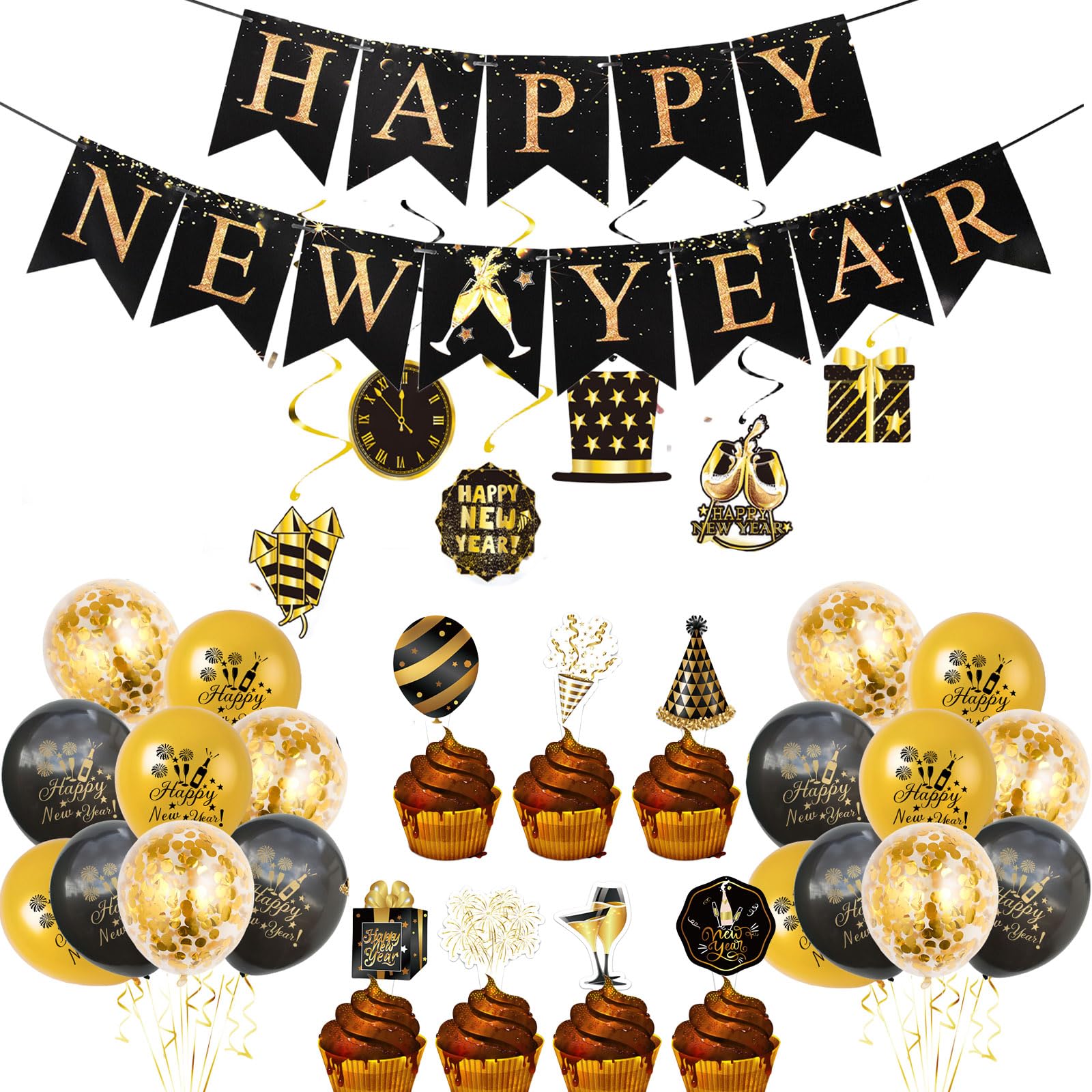 38Pcs Happy New Year Banner 2026, Black and Gold Glitter Hanging Banners with Swirls12inch Balloons Cake Toppers Set, New Years Eve Photo Booth Background Party Supplies Decorations