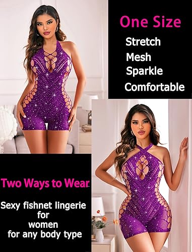 Avidlove Fishnet Lingerie Woman's Body Suit - Purple Fishnet Halter Romper  in Kenya