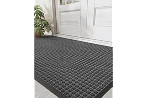 DEXI Door Mat, Durable Heavy Duty Outdoor Indoor Doormat, Stain and Fade Resistant, Low Profile, Non Slip Front Door Mats, Easy Clean Patio Entryway Floor Mat, 3'x5', Squares Grey