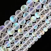 Matte White Aurora Crystal Glass Beads, 8MM Frosted Glitter Shining Mermaid Round Loose Beads, Rainbow Holographic Synthetic Moonstone for Jewelry Making DIY Bracelet