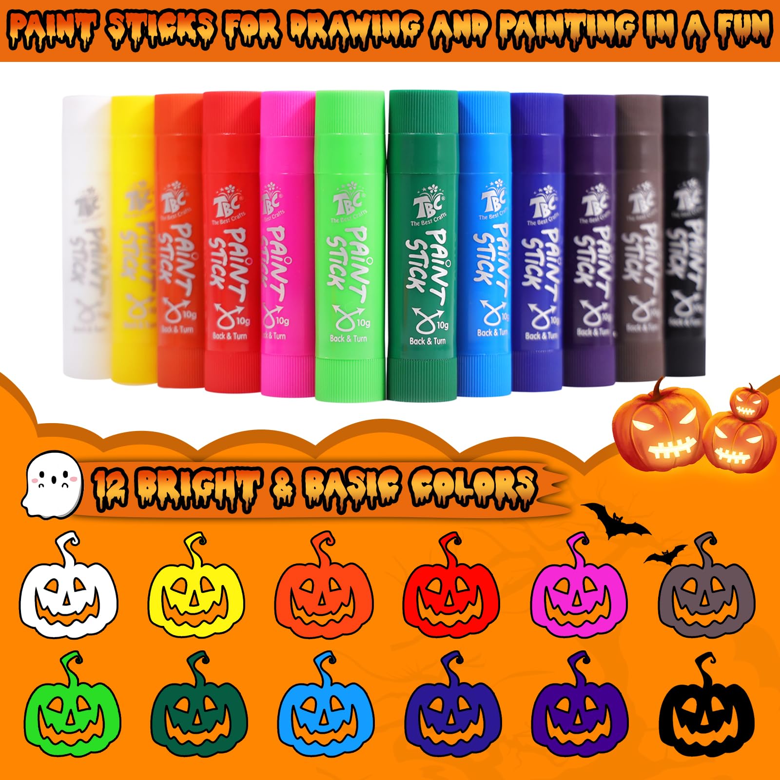 TBC The Best Crafts Paint Sticks,12 Classic Colors, Washable, Non-toxic, Tempera Paint Sticks for Kids and Students
