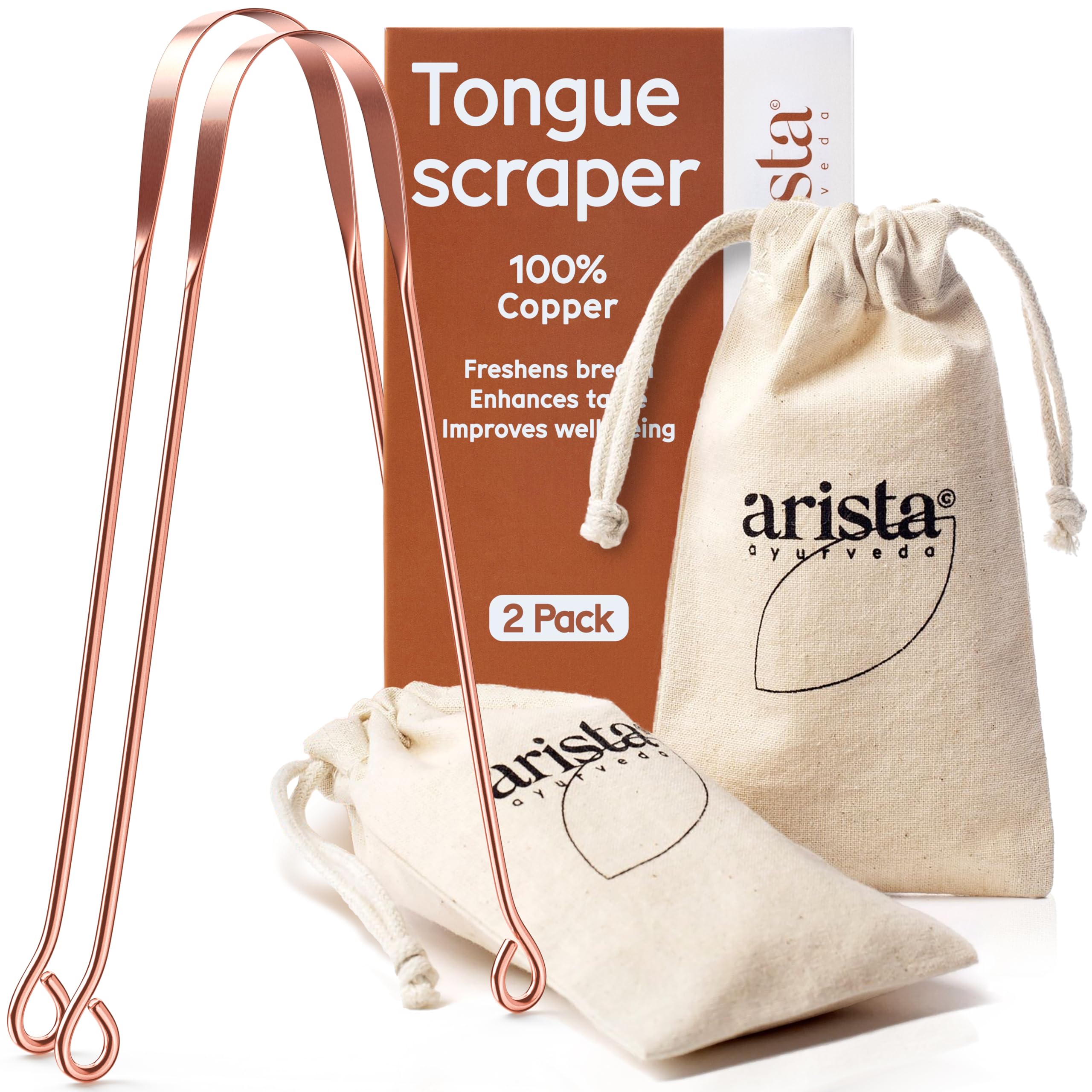 Photo 1 of Arista 100% Copper Tongue Scraper for Adults & Kids – Metal Tongue Scraper Copper for Bad Breath, Oral Care & Hygiene – 2 Pack with Travel Pouches