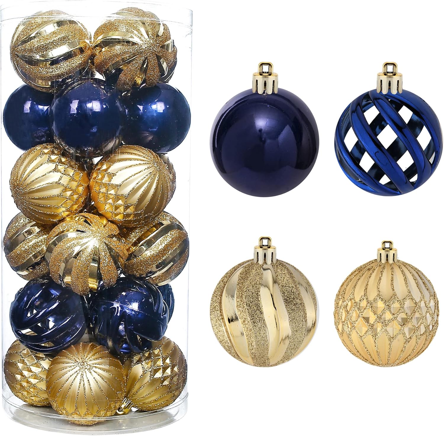 Ornaments - QinYing 24pcs 2.36'' Christmas Balls Ornaments Shatterproof Colorful Glittering Baubles Set Xmas Tree Pendants Holiday Party Balls Decoration(Dark Blue & Gold 6cm)