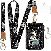 Mavellin Lanyard Wallet with Id Badge Holder, Skeleton Book RFID Small Keychain Wallet Women Wristlet, Cute Zipper Credit Card Holder Phone Wrist Neck Strap for Key Name Tag, Teacher Student Office