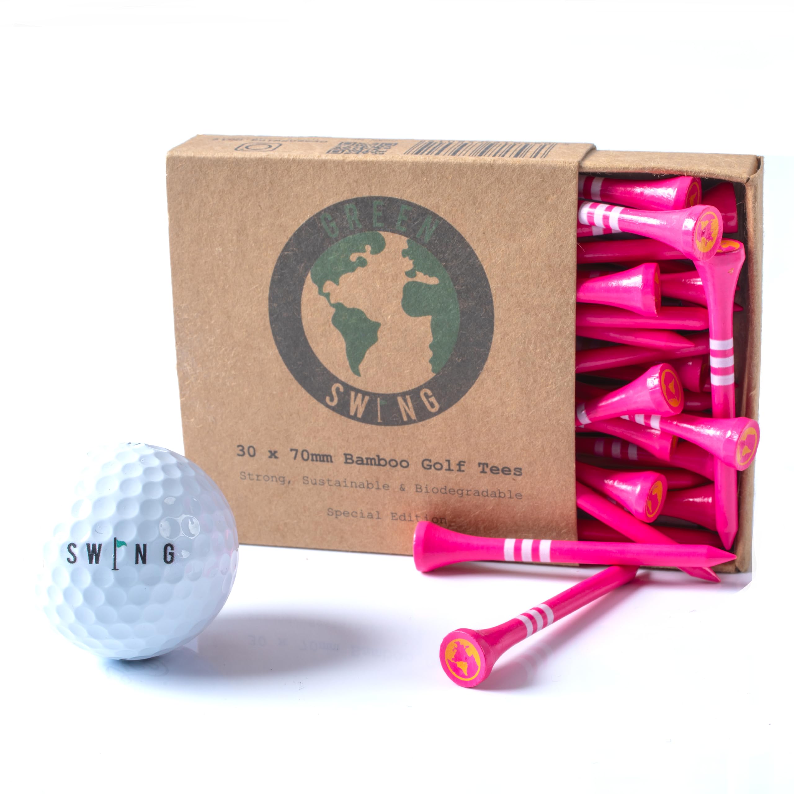 Green Swing Bamboo Golf Tees 70mm | Strong Sustainable Biodegradable | 30pcs (Pink)