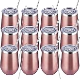 MEWAY Stainless Steel Wine Tumbler with Lid and Straw 12oz - Stemless Insulated Wine Cup Glasses for Coffee,Cocktails,Drinks, and Office Use, Ideal for Parties and Gifts(Rose Gold, Set of 12)