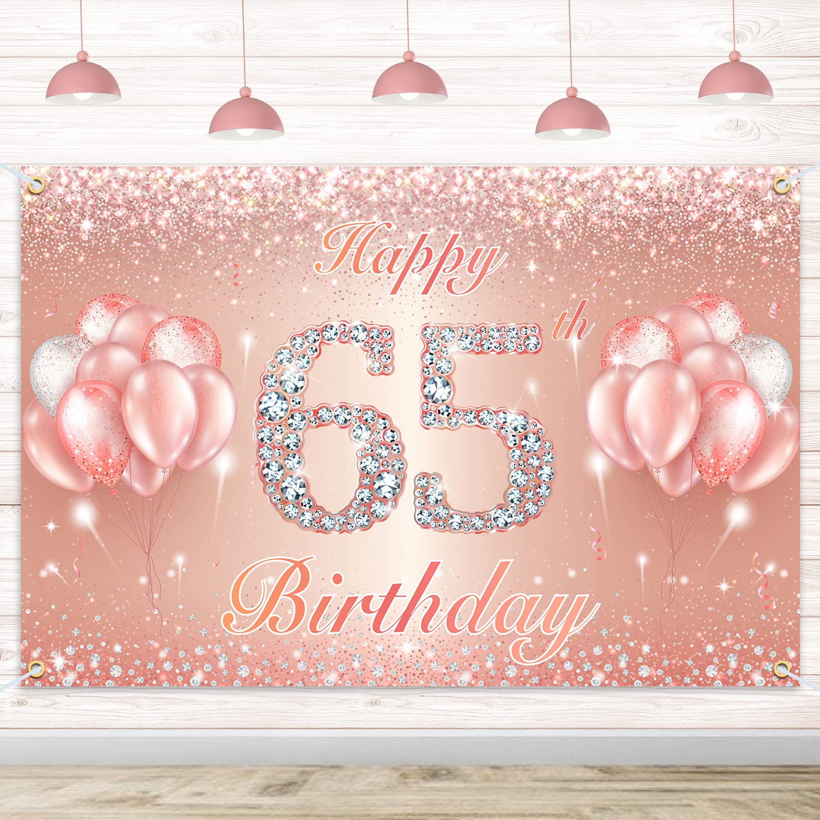 Photo 1 of Happy 65th Birthday Banner Backdrop - 65 Birthday Party Decorations Supplies for Women or Men - Rose Gold 4 x 6ft