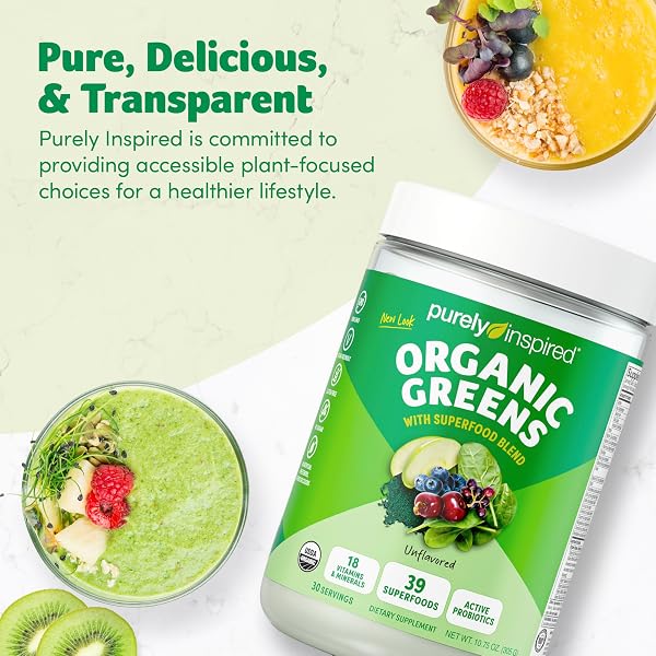 PURELY INSPIRED ORGANIC GREENS POWDER SUPERFOOD SMOOTHIE MIX, UNFLAVORED (30 SERVINGS) – SUPER GREENS WITH PROBIOTICS, SPIRULINA & CHLORELLA FOR GUT & DIGESTIVE HEALTH – VEGAN