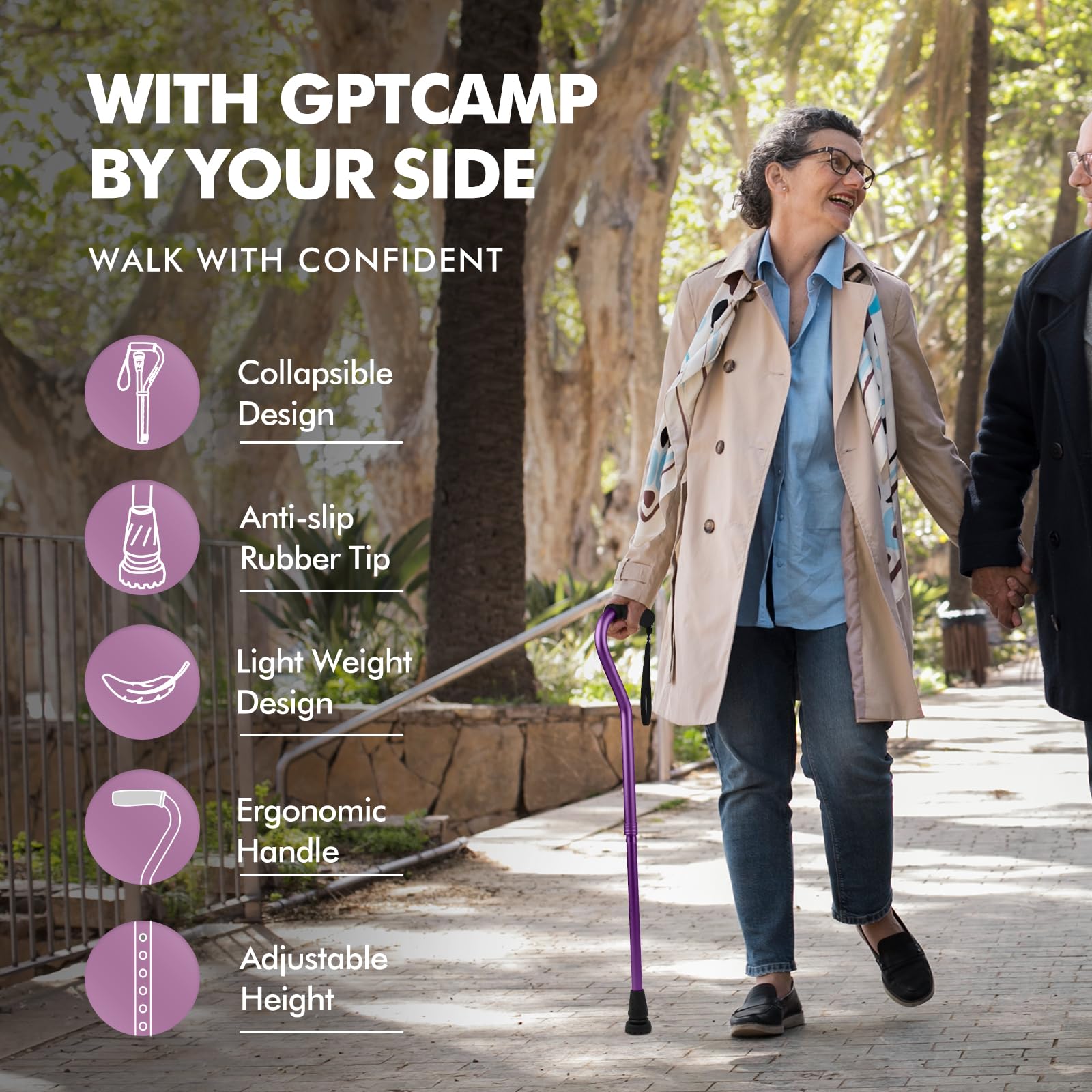 GPTCAMP Walking Cane and Walking Stick for Men Women,Lightweight Folding Canes with Offset Soft Cushioned Handle,Adjustable & Collapsible,Mobility & Leg Surgery Recovery