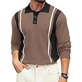 Hardaddy Men's Vintage Striped Polo Sweater Color Block Lightweight Long Sleeve Collared Knit Shirts