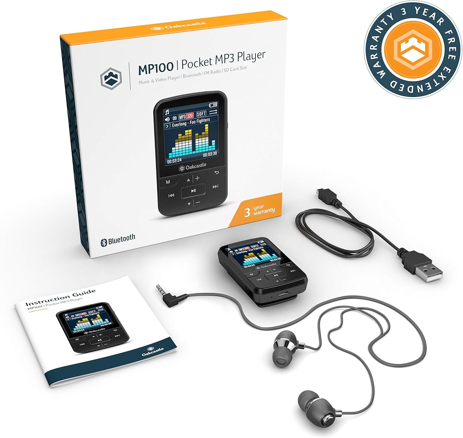 Oakcastle MP100 16GB Mini Portable MP3 Player with Bluetooth, FM Radio, Micro SD slot, Headphones + Waterproof Case Included, Expandable up to 128GB, plays FLAC & WAV files, Ideal for Running & Sports: Electronics
