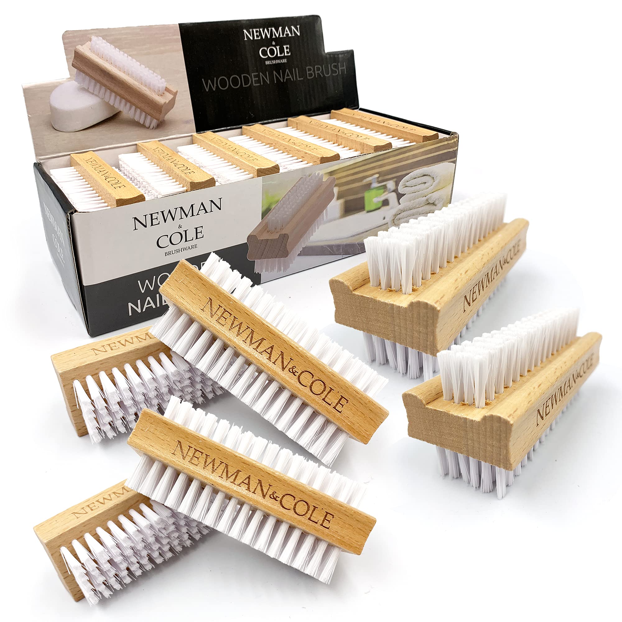 Wooden Nail Brush, Double-Sided Nail Scrubbing Brush with Firm Plastic Bristles (Set of 6)