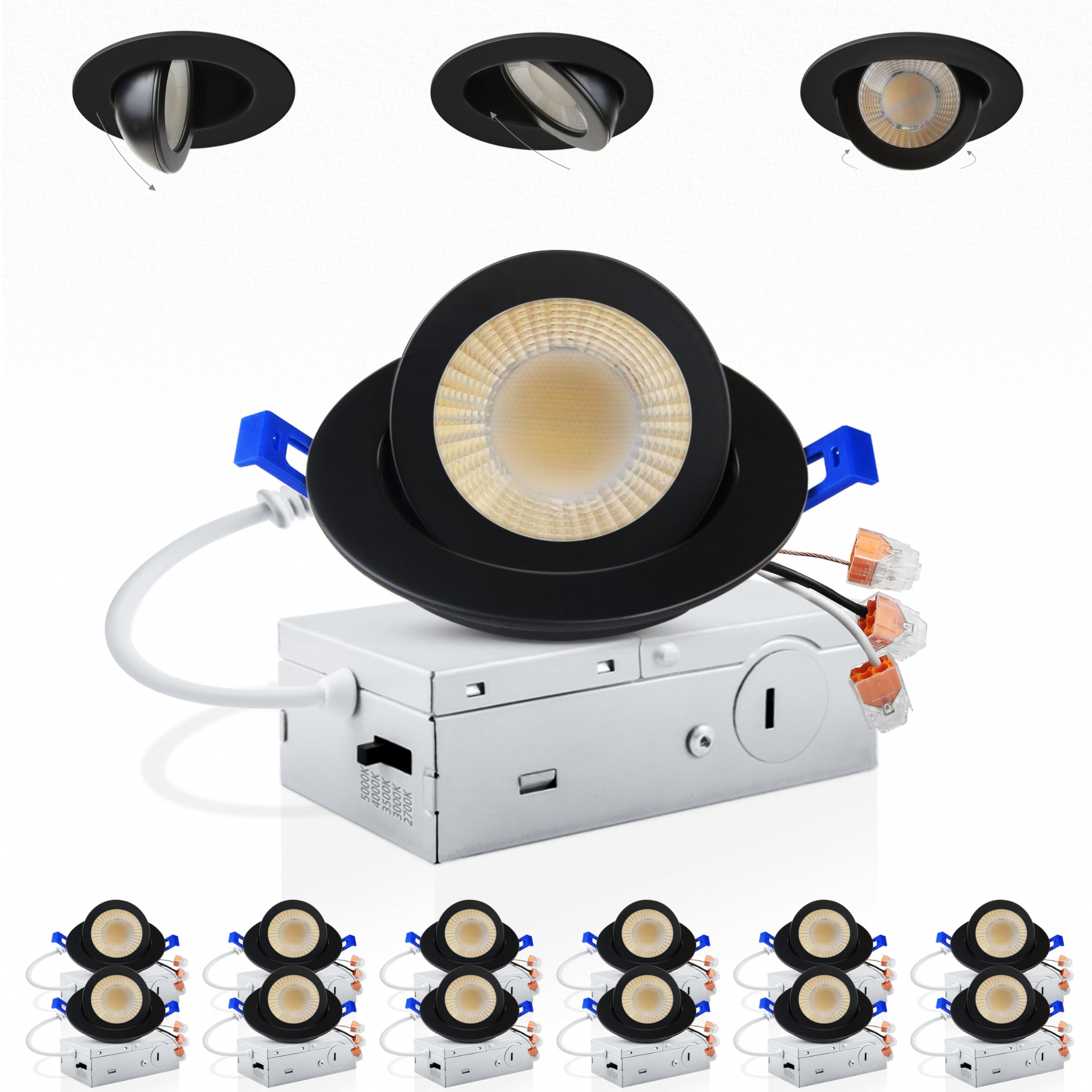 Photo 1 of Adetu 3 Inch Gimbal Balck Led Recessed Lighting, 360°+90° Adjustable Directional Led Recessed Lights, 2700K/3000K/3500K/4000K/5000K Dimmable Retrofit Eyeball Can Lights with Jbox,ETL (Black, 12 Pack)