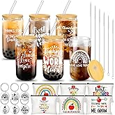 Ziliny 18 Pcs Teacher Appreciation Gifts Set 6 Pcs 16 oz Thank You Teacher Glass Cups with Lids Straws Brushes, 6 Makeup Pouch, 6 Keychains for Valentine Employee Appreciation Gift(Classic)
