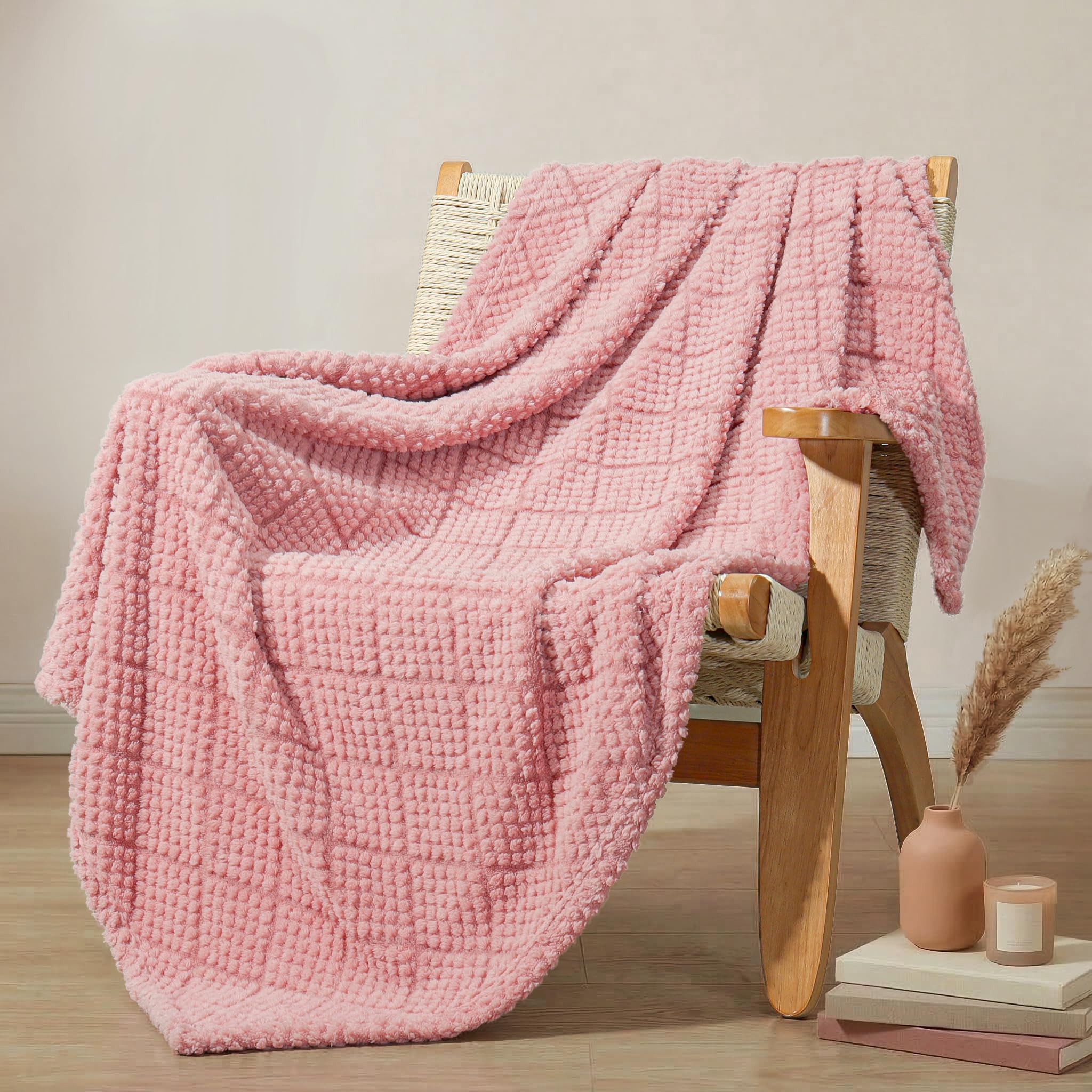 Whale Flotilla Fuzzy Fleece Throw Blanket for Sofa, Couch, Bed, 130x150 CM Soft Fluffy Jacquard Waffle Blankets for All Season, Lightweight and Warm, Pink