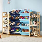 EXPERLAM Extra Large Toy Storage - Toy Storage Organizer, Wooden Toy Organizer with 6 Side Shelves and 12 Bins, 3-in-1 Bookshelf for Kids Rooms, Playroom, Nursery, Blue