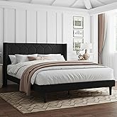 IOILORI Queen Size Bed Frame with Velvet Upholstered Headboard, Platform Bed Frame No Box Spring Needed, Modern Bedframe with Strong Wooden Slats, Black