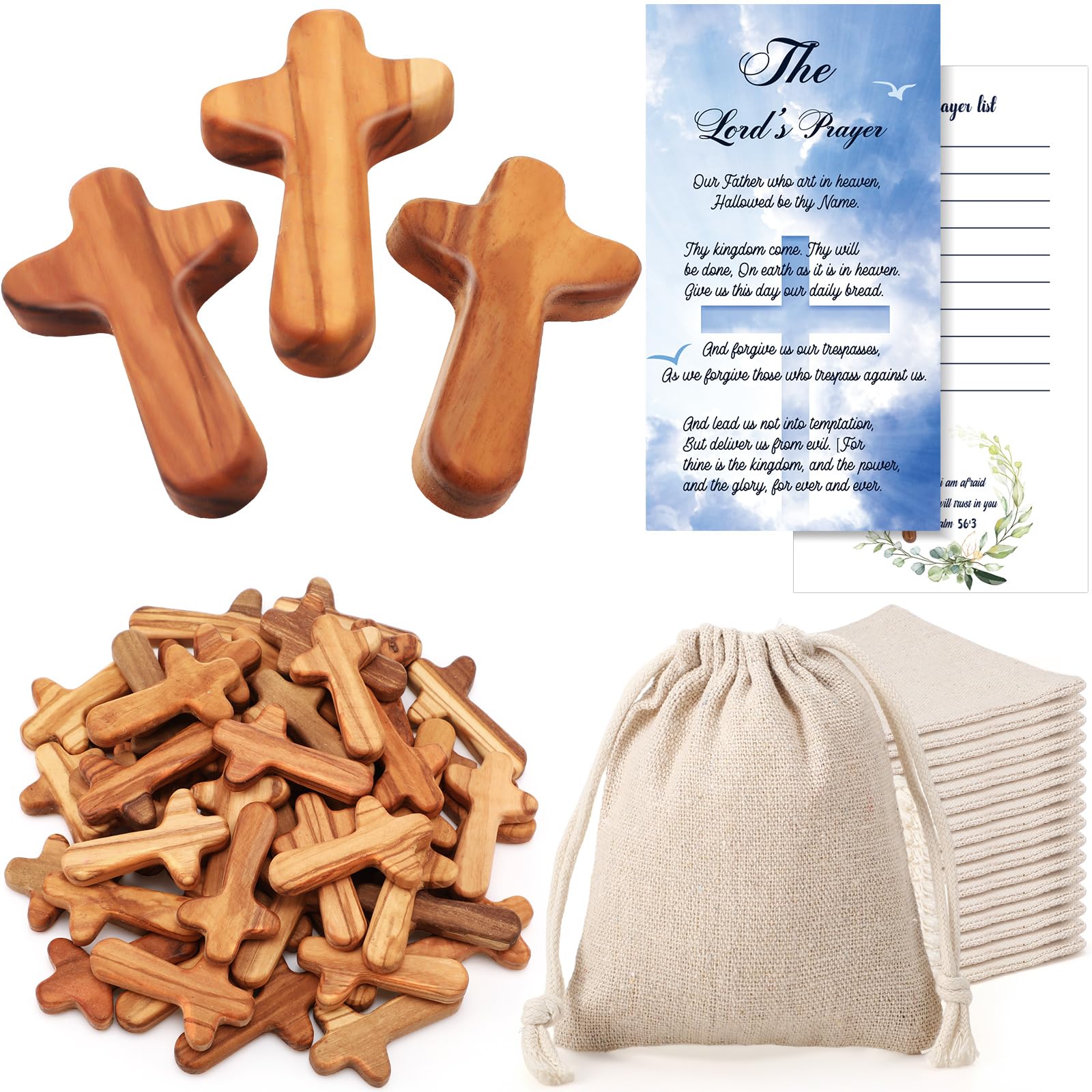 Photo 1 of Chuangdi 50 Sets Small Olive Wood Comfort Crosses with Cotton Linen Bags and Prayer Cards 2.5 Inch Caring Jesus Pocket Holding Hand Crosses Bulk Gift for Prayer