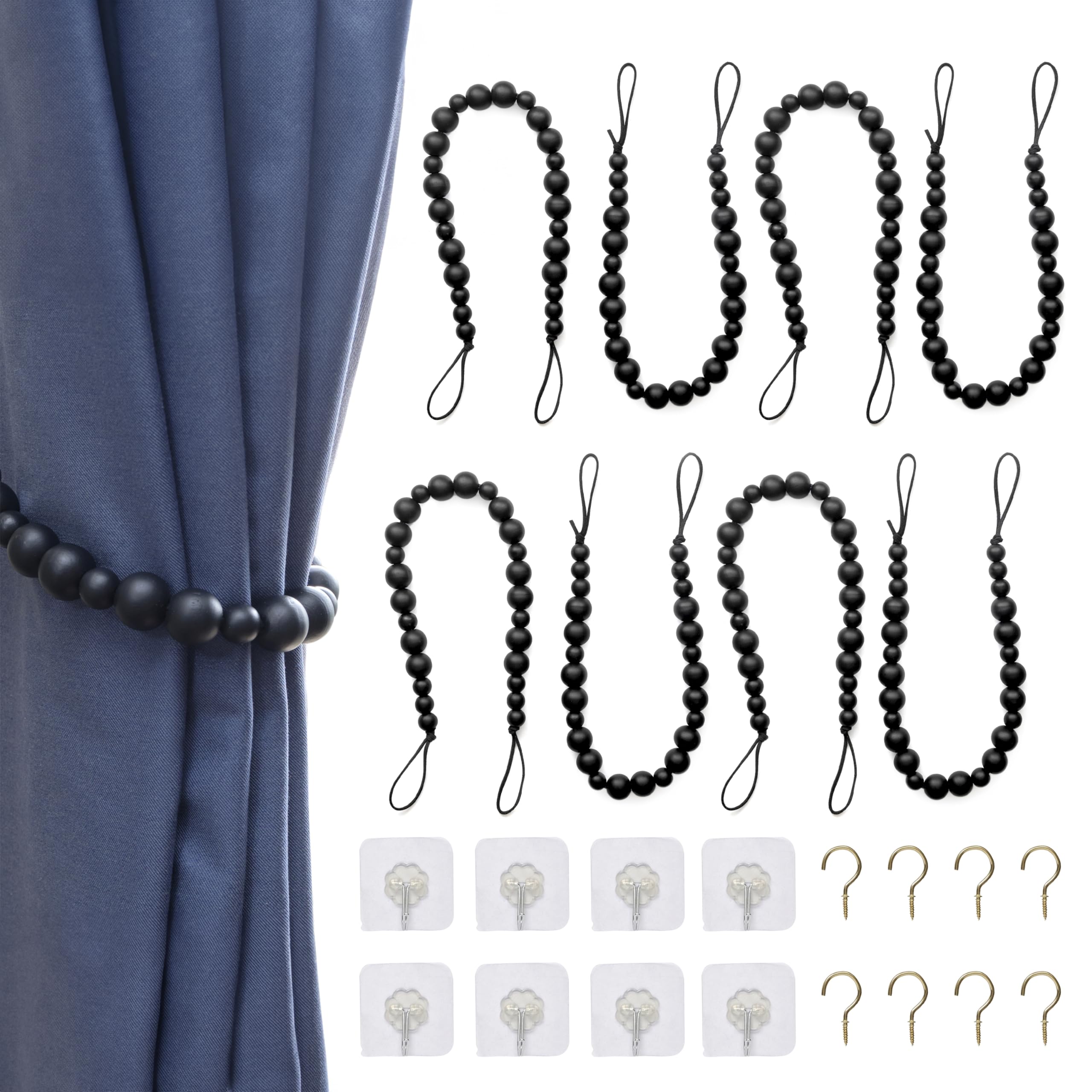 Photo 1 of Wood Bead Curtain Tiebacks Set of 8, Boho Curtain Tiebacks, Farmhouse Curtain Tiebacks, Curtain Holder Tiebacks, Rustic Curtain Tiebacks, Curtains Ties, Curtains Tiebacks, Beaded Curtain Ties Backs