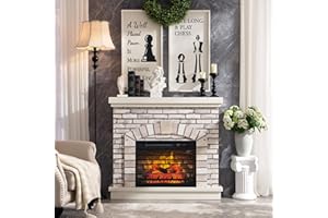 IFGET 42" Electric Fireplace with Mantel, Farmhouse Fireplace TV Stand w/23'' Freestanding Electric Fireplace Heater, Remote Control, Adjustable 3D Realistic Flame Level for Living Room, Antique White