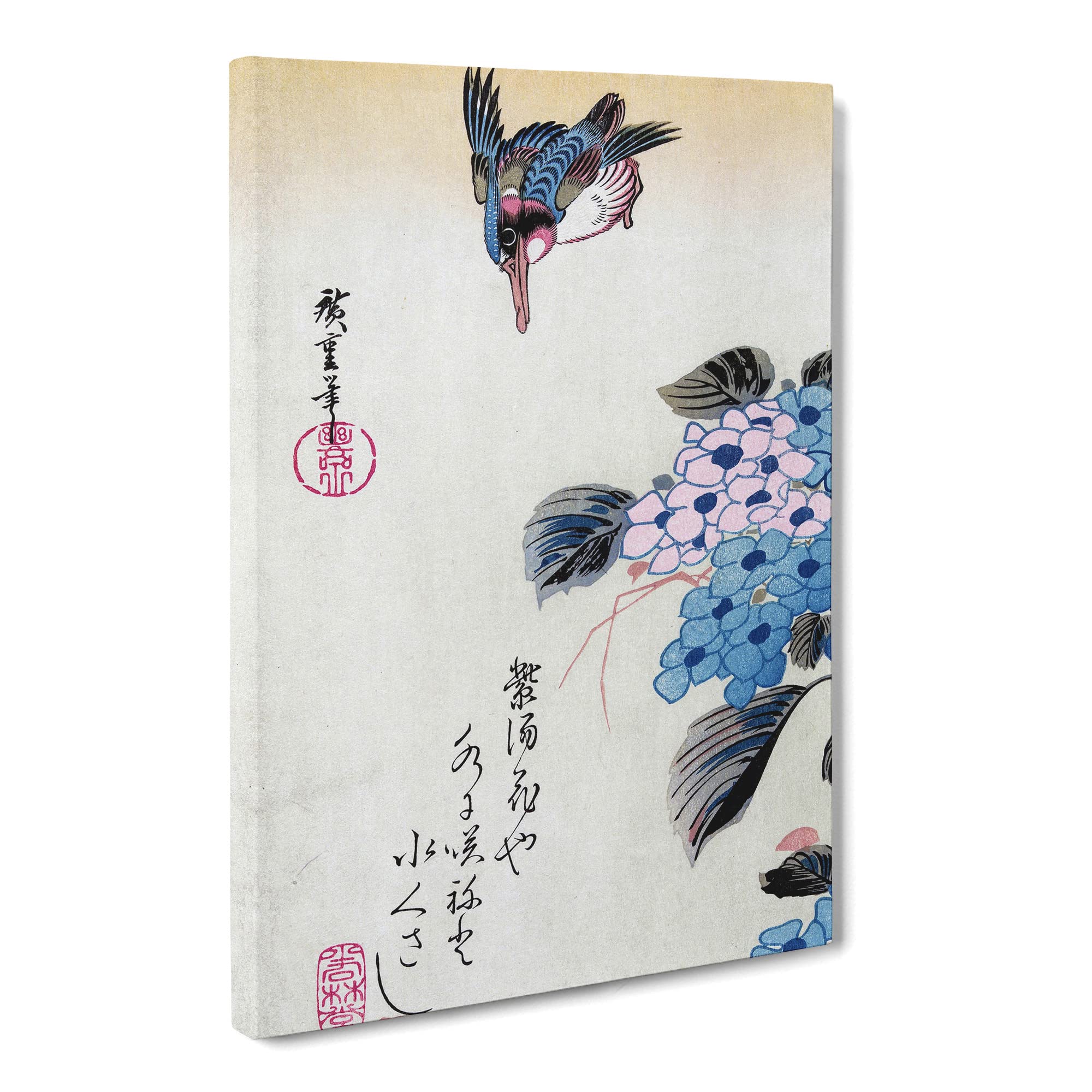 Hiroshige Hydrangea And Kingfisher Canvas Print | Gallery Wrapped 30mm Frame Wall Art | 20x14 inches | Ready to Hang | Asian Bird Picture | Living Room Bedroom Lounge Office