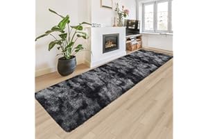 JiaoBaba Tie-Dyed Runner Rug for Bedroom Black Grey 2x8ft Fluffy Area Rug Bedside Runner Rug for Kids Room Boys Teens Nursery