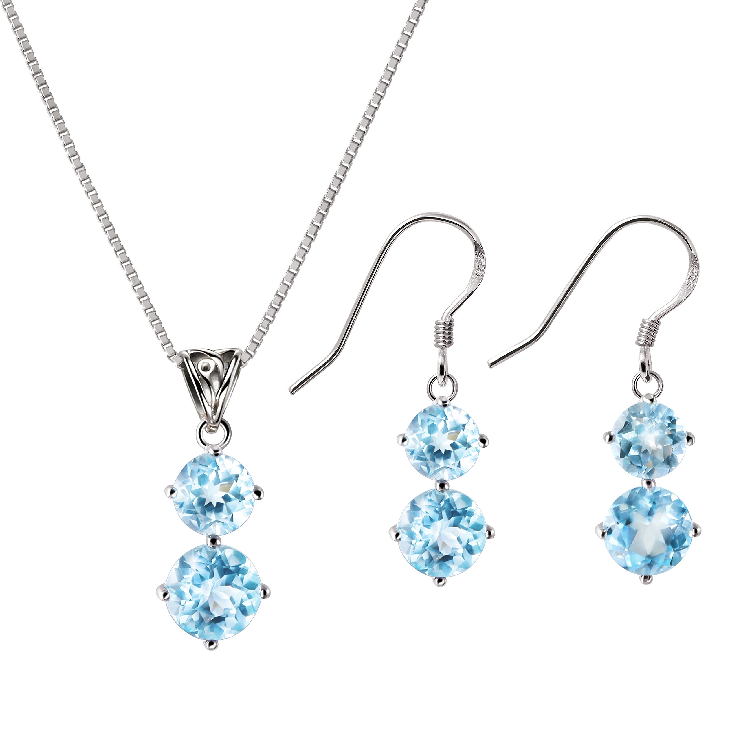 Franki Baker Classic Set of Natural Genuine Blue Topaz Gemstone Pendant Necklace & Drop Earrings on 925 Sterling Silver Grade AA.