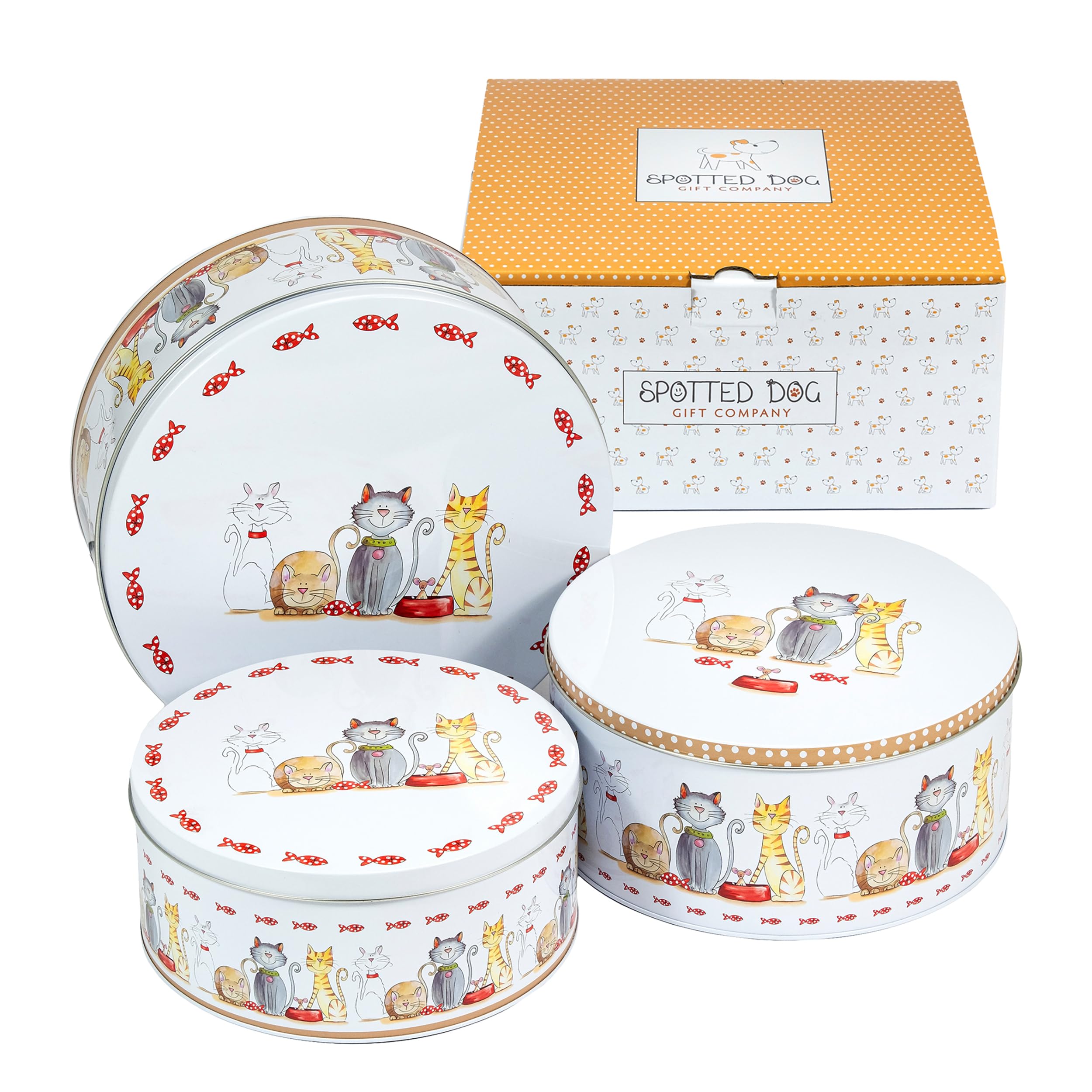 SPOTTED DOG GIFT COMPANY Cake Tin Storage Set of 3, Round Nesting Cake Tins for Storing Cakes & Biscuits, Stackable Airtight Biscuit Containers, Cute Cats Themed Gifts, Large Medium Small
